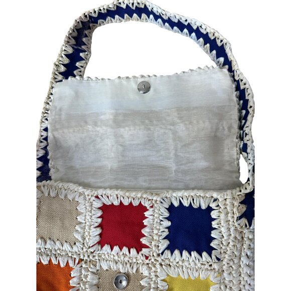 1960s raffia purse with colorful patchwork and wood accent by Craig Scot Made in - Picture 5 of 10